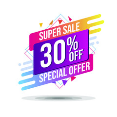 Super Sale of 30% OFF Special Offers and Discount Gradient Banner Template Vector Design. - stock vector