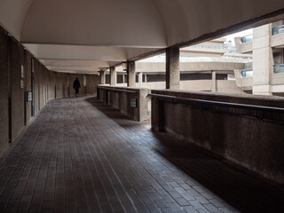 The Barbican Estate, London. The brutalist architecture of the iconic residential housing estate and arts venue in the heart of the City of London.