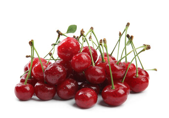 Pile of fresh ripe cherries with water drops on white background