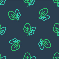Line Tropical leaves of palm tree icon isolated seamless pattern on blue background. Vector