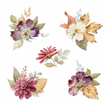 Watercolor set of autumn bouquets of flowers and leaves.
