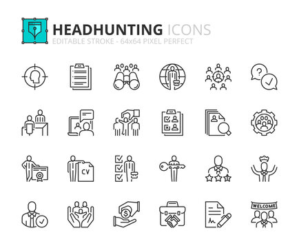 Simple set of outline icons about headhunting. Business concept.