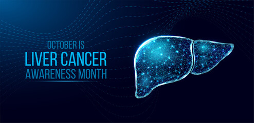 Liver cancer awareness month concept. Banner template with glowing low poly wireframe liver. Futuristic modern abstract. Isolated on dark background. Vector illustration.