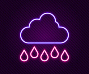 Glowing neon line Cloud with rain icon isolated on black background. Rain cloud precipitation with rain drops. Colorful outline concept. Vector