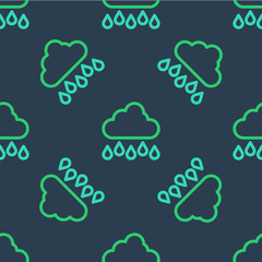 Line Cloud with rain icon isolated seamless pattern on blue background. Rain cloud precipitation with rain drops. Vector