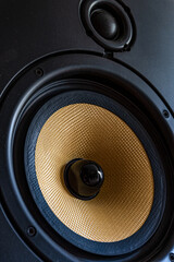 Sound Speaker. Loud Music Volume Concept Background. Professional studio equipment subwoofer...