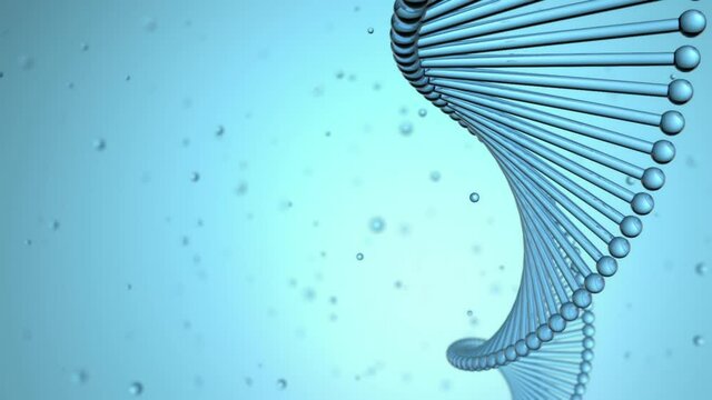 Spiral DNA looking stripe with nucleotides turning against the blue background  