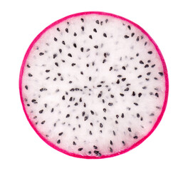 Dragon fruit isolated on white background. Slice of Pitaya or Pitahaya fruit with clipping path. Top view.