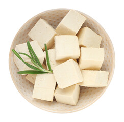 Bowl with delicious raw tofu pieces and rosemary on white background, top view