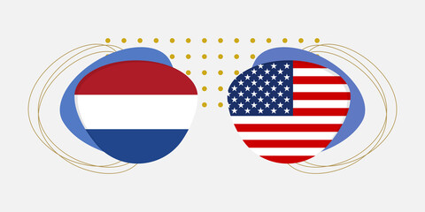USA and Netherlands flags. Dutch and American national symbols with abstract background and geometric shapes. Vector illustration.