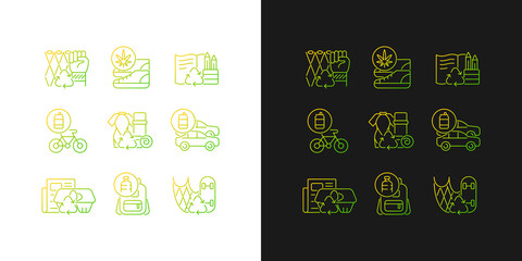Reducing waste gradient icons set for dark and light mode. Upcycling products. Eco friendly shoes. Thin line contour symbols bundle. Isolated vector outline illustrations collection on black and white