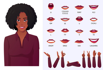 beautiful African American Black woman face animation and lip sync set - obrazy, fototapety, plakaty