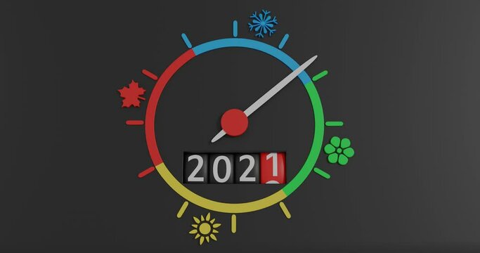 White arrow rotating around dial divided into four parts of blue, green, yellow and red with symbols of snowflake, flower, sun, leaf denoting seasons. Below, number of year 2021 changing to 2022, 3D.