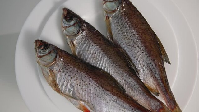 seafood, fatty tasty fish on plate spinning on white background