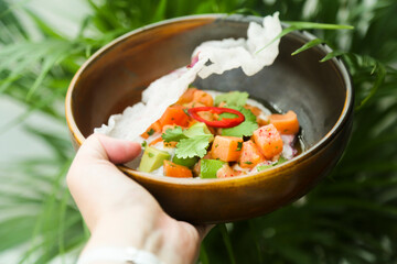 Salmon ceviche with avocado and chilli pepper