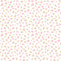Cute floral pattern in the small flowers. Seamless vector texture. Elegant template for fashion prints. Printing with small pink and coral flowers. White background.