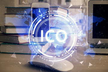 Double exposure of blockchain theme drawing and cell phone background. Concept of cryptomarket