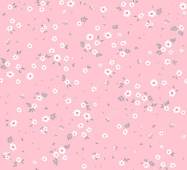 Spring flowers print. Vector seamless floral pattern. Floral design for fashion prints. Endless print made of small white flowers. Elegant template. Pale pink background. Stock vector.