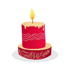 Christmas burning candle with a pattern on a wooden stand, isolated on a white background. Vector illustration