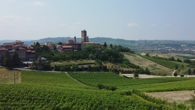 Vineyards agriculture in Barbaresco Asti aerial drone view in Langhe Roero Monferrato region. Piedmont. Unesco world heritage site in Northern Italy.