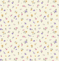 Spring flowers print. Vector seamless floral pattern. Floral design for fashion prints. Endless print made of small colorful pastel flowers. Elegant template. White pink background. Stock vector.
