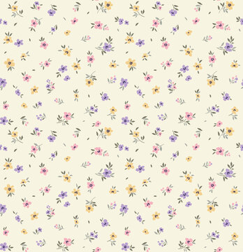 Spring flowers print. Vector seamless floral pattern. Floral design for fashion prints. Endless print made of small colorful pastel flowers. Elegant template. White pink background. Stock vector.