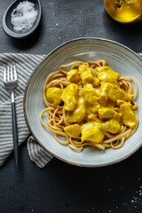 Noodles spaghetti udon with chicken chunks