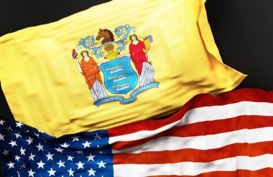 Flag of New Jersey along with a flag of the United States of America as a symbol of unity between them, 3d illustration
