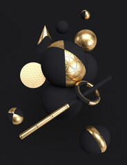 abstract geometrical form. abstract black and gold background render. 3d rendering