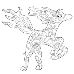 Contour linear illustration for coloring book with decorative horse. Beautiful animal,  anti stress picture. Line art design for adult or kids  in zen-tangle style, tatoo and coloring page.