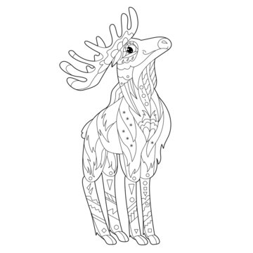 Contour linear illustration for coloring book with decorative moose. Beautiful animal moose,  anti stress picture. Line art design for adult or kids  in zen-tangle style, tatoo and coloring page.