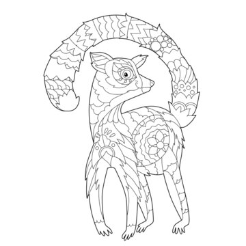 Contour linear illustration for coloring book with decorative lemur. Beautiful animal,  anti stress picture. Line art design for adult or kids  in zen-tangle style, tatoo and coloring page.
