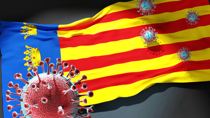 Covid in Borriana - coronavirus attacking a city flag of Borriana as a symbol of a fight and struggle with the virus pandemic in this city, 3d illustration