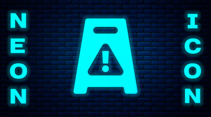Glowing neon Wet floor and cleaning in progress icon isolated on brick wall background. Cleaning service concept. Vector