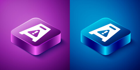 Isometric Wet floor and cleaning in progress icon isolated on blue and purple background. Cleaning service concept. Square button. Vector