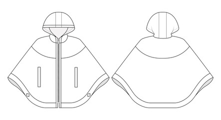 Fashion technical drawing of hooded cape with zip