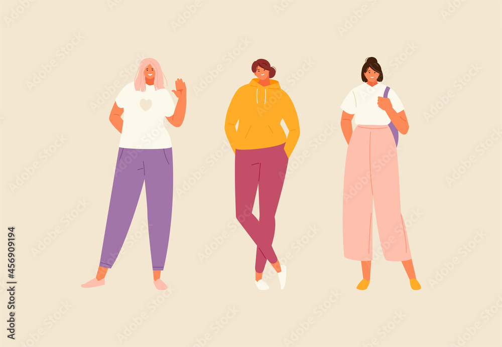 Wall mural Fashionable modern girls in pants and jeans. Vector illustration