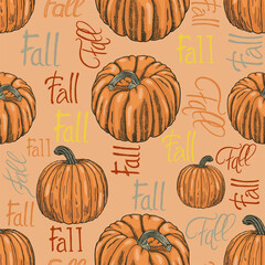 Seamless pattern with pumpkins hand-drawn in ink. Cute autumn pattern for textile, greeting card. Design for seasonal fall holidays.