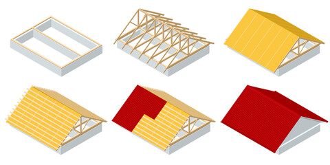 Isometric roofing construction. Concept of residential building under construction. House under construction. Roof insulation.
