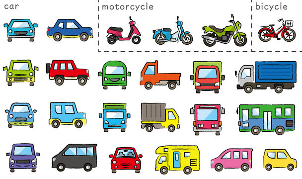 車とバイクと自転車のアイコンセット(木炭鉛筆ブラシ使用プラスカラー)分類バージョン