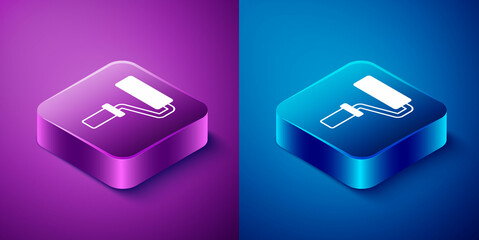 Isometric Paint roller brush icon isolated on blue and purple background. Square button. Vector