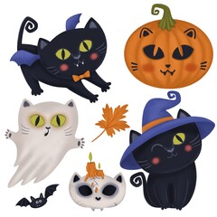 a set of illustrations for Halloween with black cats, pumpkins and ghosts