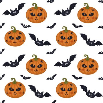 Seamless Patten Helouni Orange Pumpkins In The Shape Of A Cat And Bats