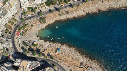 Aerial drone photo of famous dense populated seaside area of Piraiki, Piraeus, Attica, Greece