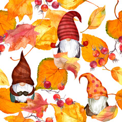 Obraz na płótnie Canvas Autumn gnomes with leaves, red berries. Seamless autumn pattern with scandinavian dwarfs. Watercolor repeating background