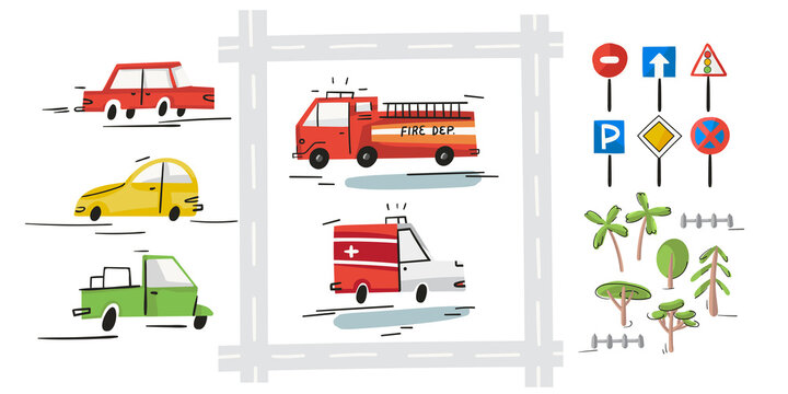 City map creator. Cartoon vector vehicle elements car, fire machine, ambulance, tree, road, sigh. Traffic flat street. Kids map design isolated on white.
