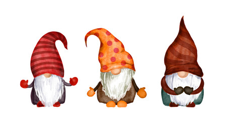 Watercolor set of gnomes scandinavian family in hats with stripes, dots. Isolated on white bundle of magic dwarfs