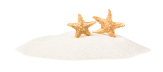 Fototapeta na wymiar Beautiful sea stars in sand on white background