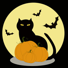 Halloween card cat with pumpkins and bats