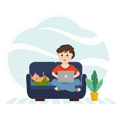 The boy is sitting on the couch with a laptop and a cat. A homemade flower in a pot. The concept of work at home, training. Vector image in a children's drawing and flat style.